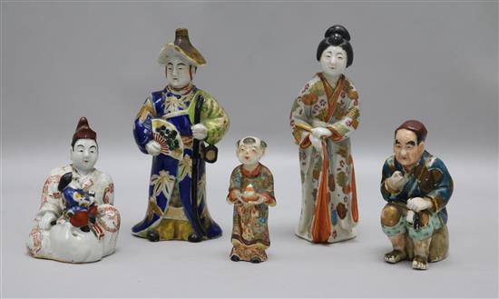 Four Japanese Kutami porcelain figures and a Satsuma figure 15cm